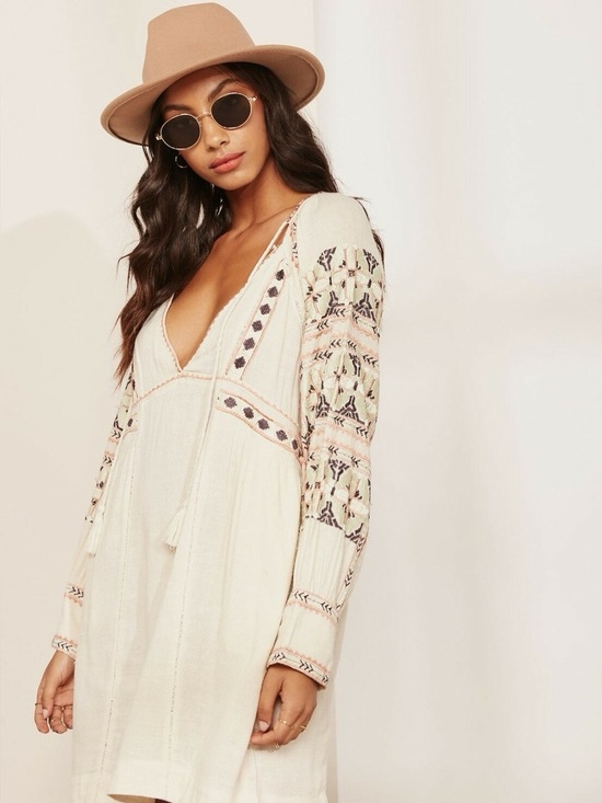Free People Dresses & Skirts - Free People All My Life Embroidered Boho Dress V-Neck Long Sleeve Cream size S
